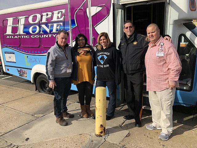 From left, Timothy Reed of the Atlantic County Sheriff's Office, Recovery Specialist Siobhan Lopez, Lindsay Dragon of Legacy Treatment Services, Atlantic County Sheriff Eric Scheffler and Scott Gras of AtlantiCare.