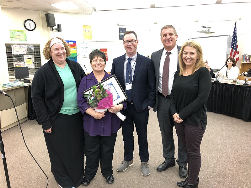 From left, Margate teachers Tracy Magel, Rosemarie Barbera, Principal Ryan Gaskill, Interim Superintendent Thomas Baruffi and Board of Education President Catherine Horn.