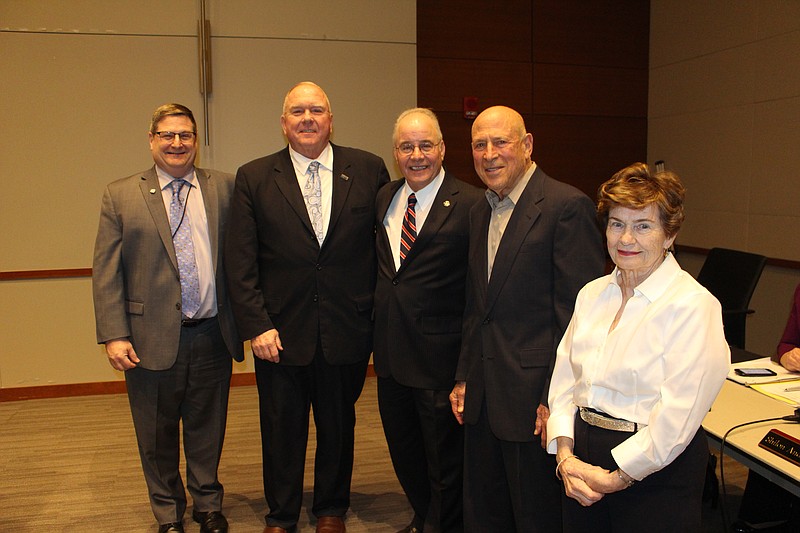 Stockton University Dean Peter Straub, ACHWF President Chris Seher, Stockton President Harvey Kesselman, ACHWF board member Marty Blumberg and Vice President Brenda Pecan at the Stockton Board of Trustees meeting.