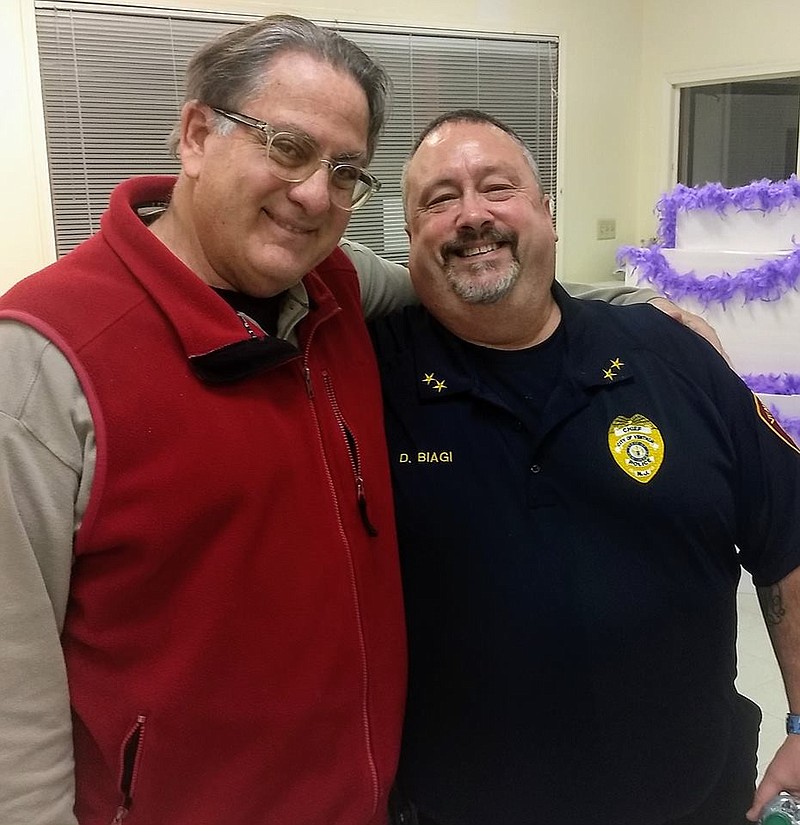 Ventnor Police Chief Doug Biagi, right, with Ventnor resident Jim Touhy at a town hall meeting held Tuesday, March 19 at the community center.