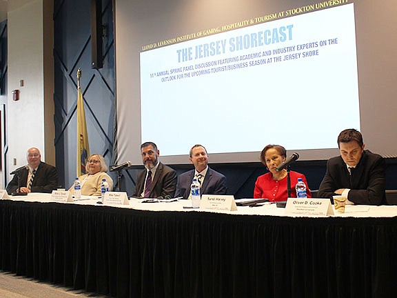 PHOTO CAPTION: Jersey Shorecast panelists, from left, Jim Ziereis, vice president of Hotel Sales for Tropicana Atlantic City, Diane Wieland, director of the Cape May County Department of Tourism, Brian Tyrrell, Stockton University Professor of Hospitality and Tourism Management Studies, Mike Tidwell, director of sales and marketing at Seaview Dolce Hotel and Golf Club, Sandi Harvey, vice president of sales for Meet AC, and Oliver Cooke, Stockton Associate Professor of Economics. 