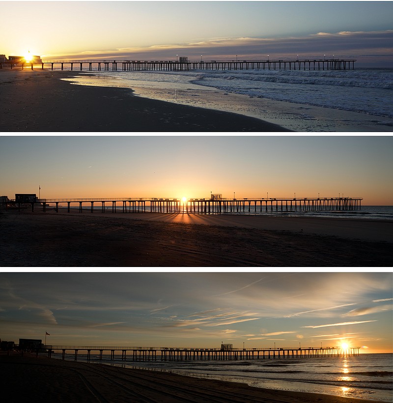 Steve Jasiecki/Using the Ventnor Fishing Pier as a measuring stick, you can see how the sun rises in different locations throughout the year.  The top image is the summer solstice in June, The middle image is the equinox in September and March, and the bottom image is the winter solstice in December