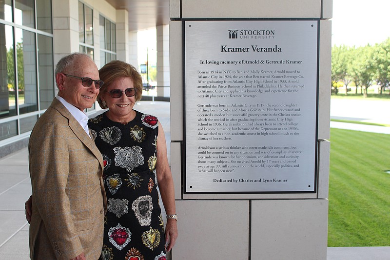 Charles and Lynn Kramer on the new Kramer Veranda at Stockton University Atlantic City. It is named in memory Charles' parents Arnold and Gertrude Kramer.