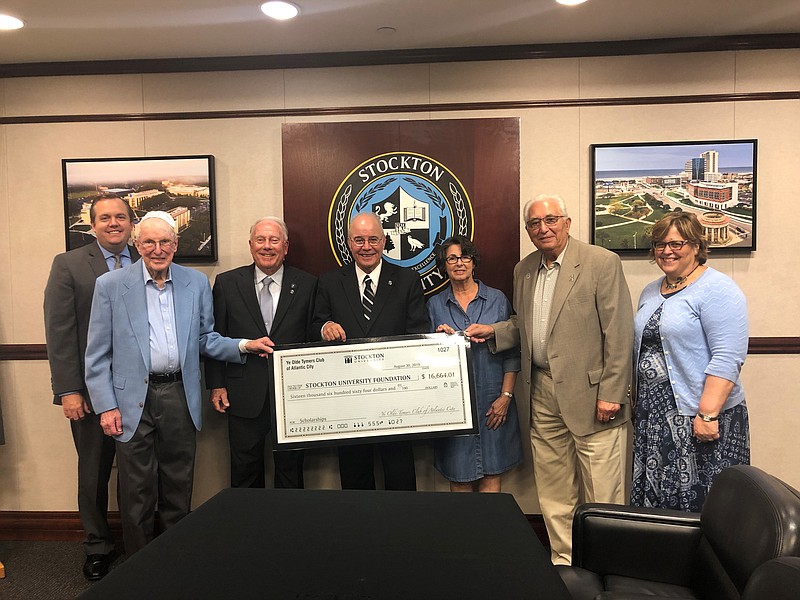 From Left, Stockton Chief Development Officer Dan Nugent, Jerry Greenberg, Jim Goldsmith, Stockton President Harvey Kesselman, Stockton Foundation Chairwoman Johanna Johnson, Tony Musarra  and Stockton Chief of Staff Susan Davenport.