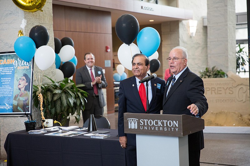 Pravin Khatiwala with Stockton President Harvey Kesselman.