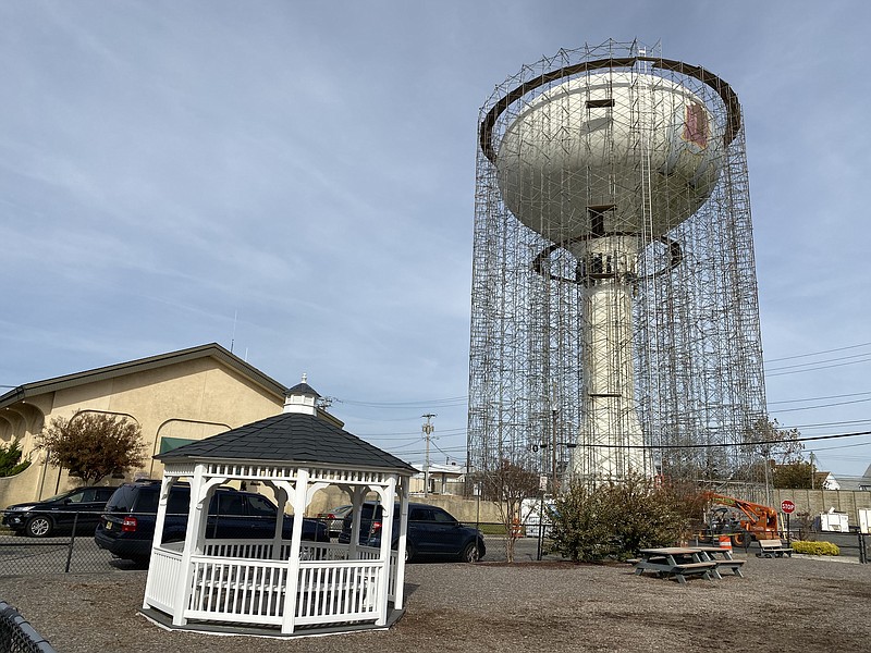 Massive scaffolding surrounds the water town so it can be painted.