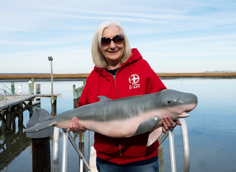 Sheila Dean, co-director of the Marine Mammal Stranding Center, holds a replica of a pygmy sperm whale like the one found in Longport on Thanksgiving Day 1994.