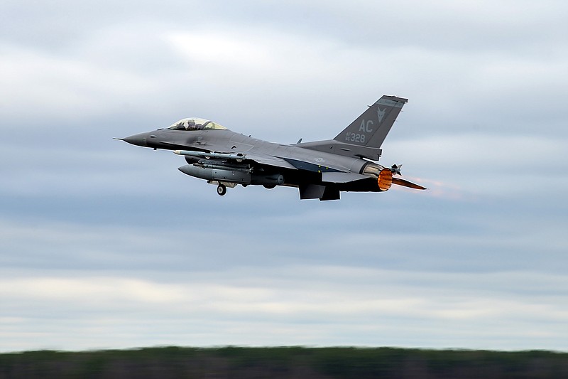 A U.S. Air Force F-16C Fighting Falcon takes off April 1, 2020, at the 177th Fighter Wing, Egg Harbor Township, N.J. The 177th FW continued flying to maintain worldwide combat-readiness and homeland defense during the COVID-19 pandemic. (U.S. Air National Guard photo by Airman Hunter Hires)