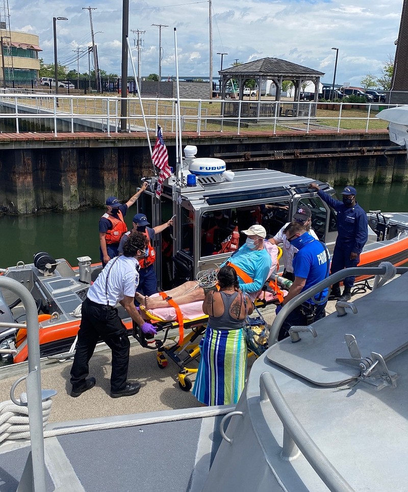 U.S.C.G. Photo by Chief Petty Officer Robert Paulino/The Coast Guard conducted a medical evacuation of a 74-year-old man who was experiencing heart attack-like symptoms while boating in the New Jersey Intracoastal Waterway near Brigantine, June 30.
uard Station Atlantic City, N.J., and transferred to local emergency medical services personnel who were waiting to take him to the hospital. (U.S. Coast Guard photo by