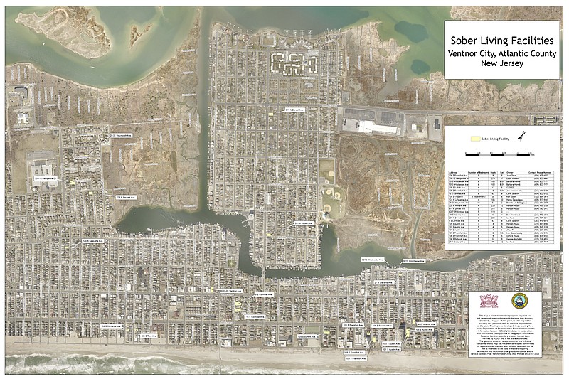 A map shows the locations of sober living homes in Ventnor.