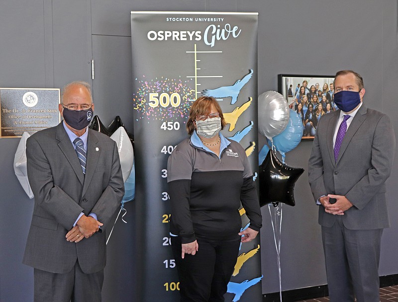 Courtesy Stockton University/From left, Stockton President Harvey Kesselman, Chief of Staff Susan Davenport and Chief Development Officer and Executive Director of the Stockton Foundation Daniel Nugent.