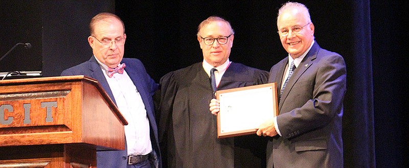 Stockton file photo/ From left, Assignment Judge Julio L Mendez and Recovery Court Judge Mark Sandson and Stockton University President Harvey Kesselman. Sandson received the university's Partner of the Yeea award in June 2019.