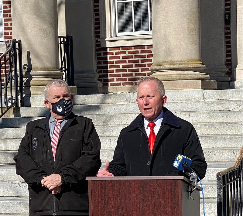 U.S. Rep. Jeff Van Drew, right, speaks at a press conference while Cape May County Sheriff Bob Nolan listens. (Photo courtesy of Van Drew for Congress)