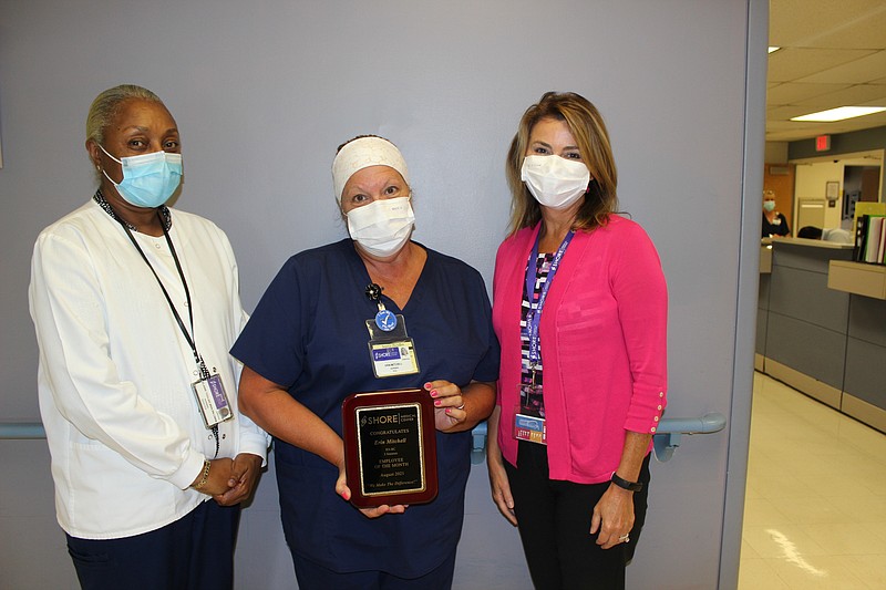 Erin Mitchell, RN, of Mays Landing, center, is Shore Medical Center's August Employee of the Month. Also pictured is Elaine Toolsie, left, and Shore Chief Nursing Officer Holly Badali.