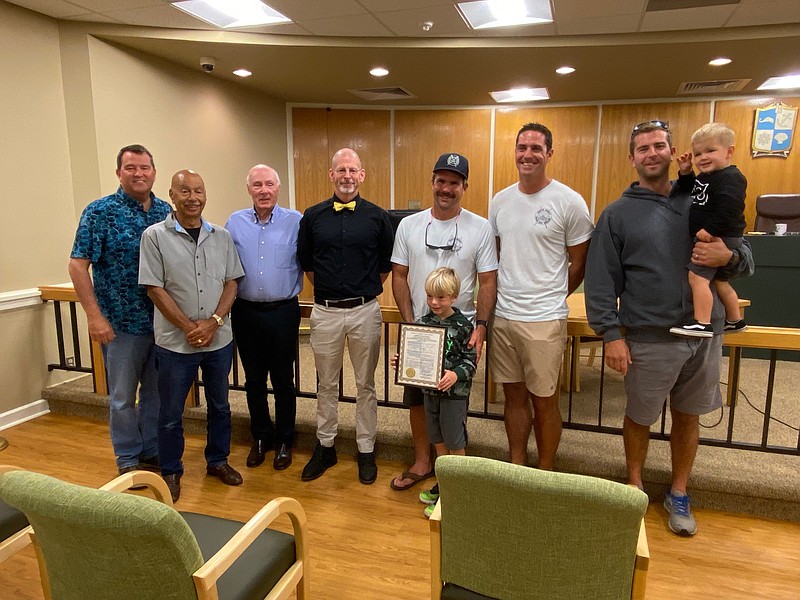 From left, Commissioner Dan Lawler, Mayor Nicholas Russo, Commissioner Jim Leeds, Longport Beach Patrol Chief Matt Kelm, Lt. Sean Duffey, Lt. Mike McGrath and Lt. Tom Kesz. 