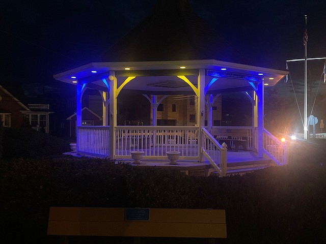 The gazebo in Thomas B. Reed Park in Longport is lit in yellow and blue to honor the people of Ukraine.