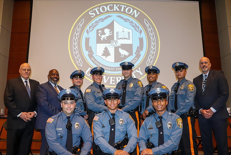 Provided/From left, top row, Stockton Senior Vice President of Facilities and Operations Don Hudson, Director of Campus Public Safety Adrian Wiggins, Officers Casey Foncellino, Kyle Twamley, Colton Reed, Jonathan Laboy and Alexander Hale, and Associate Director of Campus Public Safety Albert Handy. Bottom row: Officers Joseph Pizzuto, Pablo Flores and Bryan Merritt.