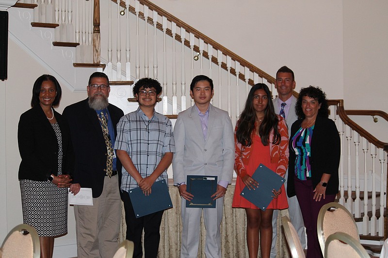 Provided/From left, Leslie White Coursey, Ventnor Middle School Principal Robert Baker, students Alejandro Bautista, Ethan Tran, 
Rhianna Cupeles-Villantoy, Andrew Webber and Ventnor Superintendent Dr. Carmela Somershoe.