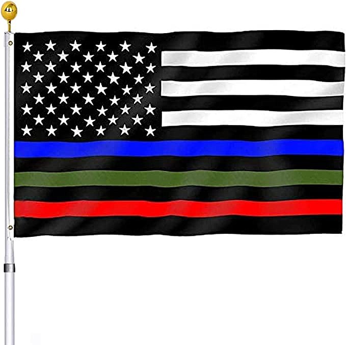 Multicolored stripes adorn a flag signifying support for various first responders.