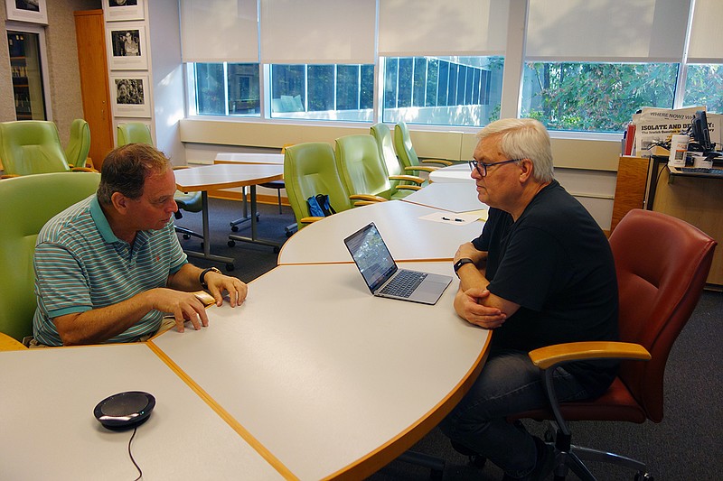 Stockton/Stockton University Associate Professor of History Michael Hayse, right, interviews Jack Aal, second generation after the Holocaust.