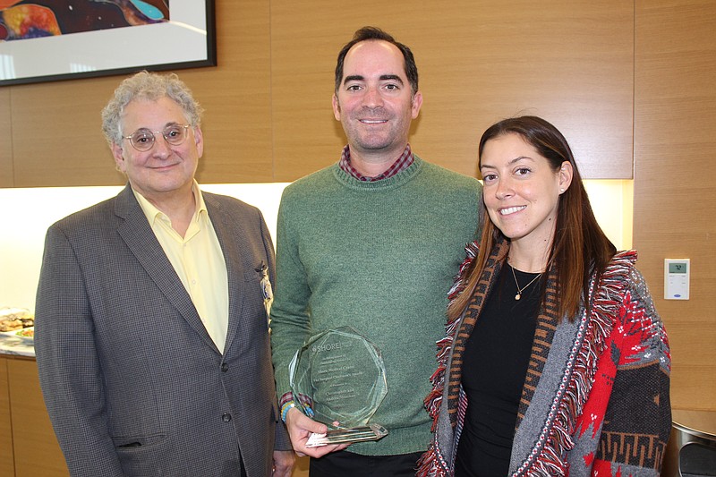 Provided/On Nov. 29, 2022, Shore Clinical and Adminsitrative Surgical Department Chairman Dr. Leonard Galler, left, presented Chris and Andrea Monihan of Ocean City with the hospital's 2022 Surgical Chairman's Award for their philanthropic leadership and commitment to Shore's mission.