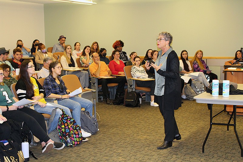 Provided/Sheryl Ochayon, the project director of the Echoes and Reflections project and an educator at the International School for Holocaust Education at Yad Vashem in Israel, talks to about 75 educators at Stockton University on Oct. 26.