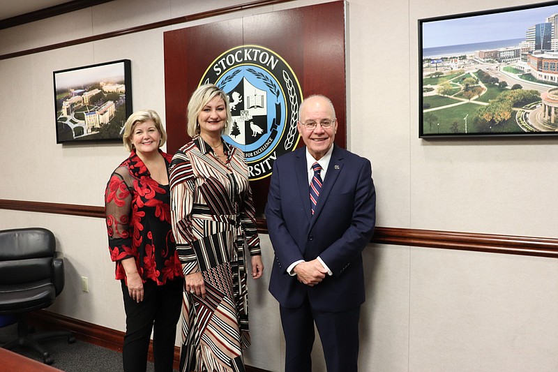 Provided/: From left, Brigid Callahan Harrison, chair of the Stockton University Foundation Board, Karen Alton and Stockton President Harvey Kesselman at the signing of an agreement that will allow Stockton to enhance and expand its student mental health programs.