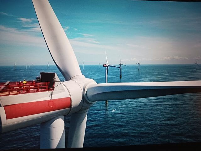 A rendering depicts the massive size of the offshore wind turbines for the proposed Ocean Wind 1 project. (Rendering courtesy of Cape May County)