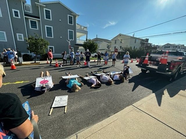 Protesters impede preliminary offshore wind farm work from beginning Tuesday morning along the 35th Street corridor in Ocean City. (Photo courtesy of Suzanne Hornick)