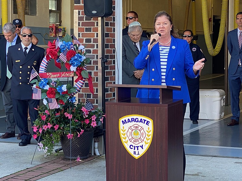 NJ Assemblywoman Claire Swift addresses the crowd gathered for Margate's annual 911 Remembrance Ceremony.