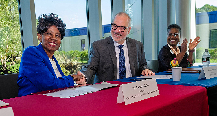 Provided/Atlantic Cape Community College President Dr. Barbara Gaba and Stockton University President Dr. Joe Bertolino sign the 3+1 agreement.