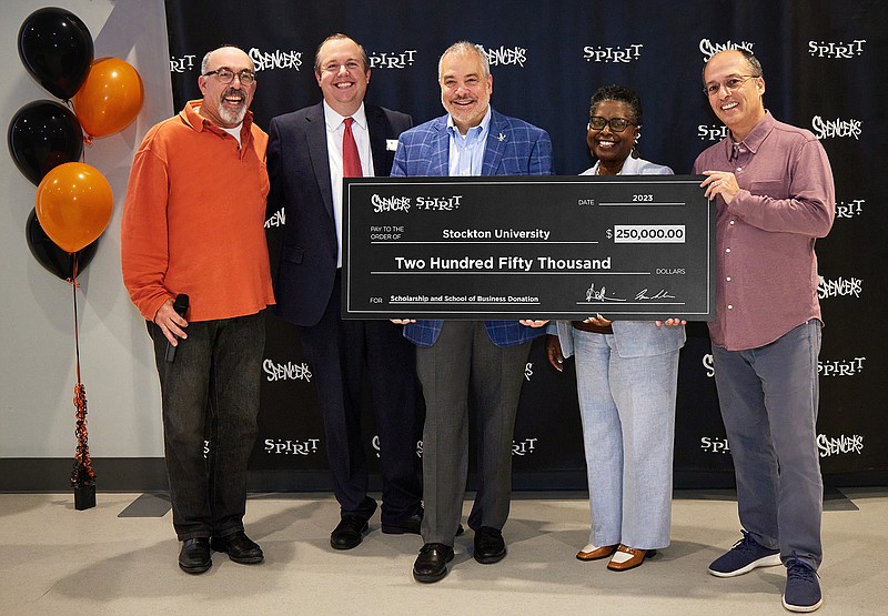 Provided/From left, Steven Silverstein, Spencer's and Spirit Halloween CEO; Dan Nugent, executive director of the Stockton Foundation; Joe Bertolino, president of Stockton University; Terricita Sass, Stockton executive vice president and chief of staff; and Isaac Silvera, Spencer's and Spirit Halloween president and CEO.