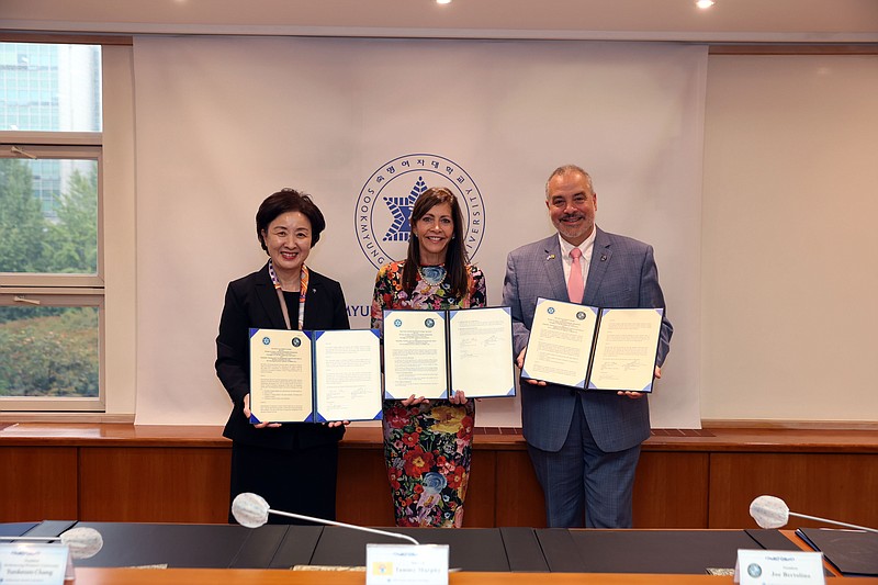 Provided/From left, Yunkeum Chang, president of Sookmyung Women's University, New Jersey First Lady Tammy Murphy and Stockton President Joe Bertolino at the signing of two agreements Oct. 19 establishing student exchange opportunities between both institutions.