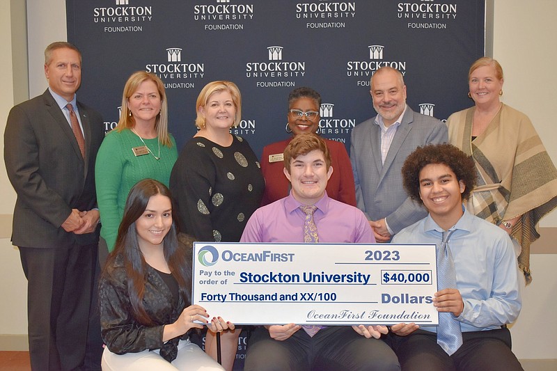 Provided/From left top row, Vincent D'Alessandro, OceanFirst Bank president of community & retail banking; Cindy Crager, assistant vice president for University Advancement; Brigid Harrison, chair of the Stockton Foundation Board of Directors; Terricita Sass, Stockton executive vice president and chief of staff; Stockton President Joe Bertolino; and Katherine Durante, executive director of the OceanFirst Foundation. Bottom row, Laura Leonel of Long Branch, Louden Jobes of Neptune, and Dylan Geronimo of Hazlet Township are three of the 16 recipients of a $2,500 scholarship.