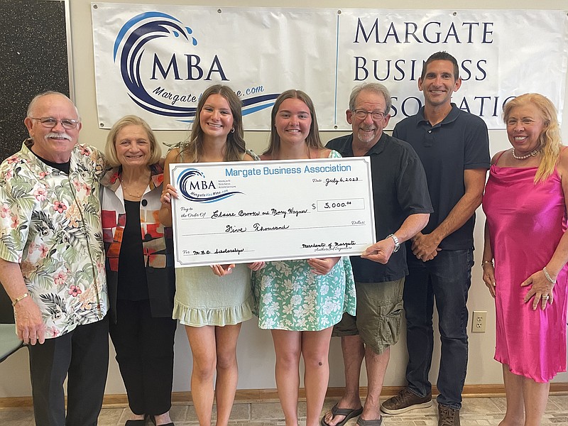 Anna Maria Courter/2023 MBA Scholarship awards, from left,Daniel and Maria Walters, recipients Mary Wagner and Clare Brooks, MBA President Ed Berger, Margate Mayor Michael Collins, MBA Board member Paula Hartman.
