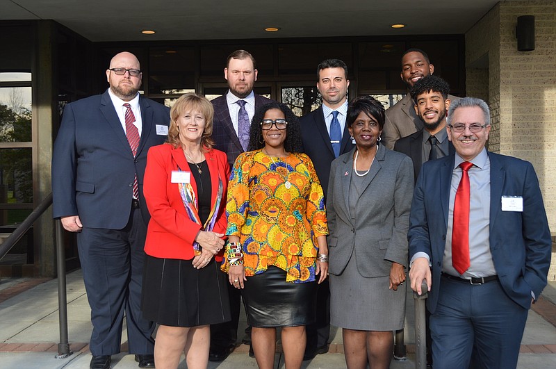 2019 Recipients are Chad Affrunti '05, James Hennessey '00, Deputy Chief James Sarkos '96, and Nathan Evans, Jr '15.
Bottom row from left: Freeholder E. Marie Hayes '79, Toshira Maldonado-McIntosh '08, Atlantic Cape president Dr. Barbara Gaba, Felix Contreras-Castro '14, and Bert Lopez '81.