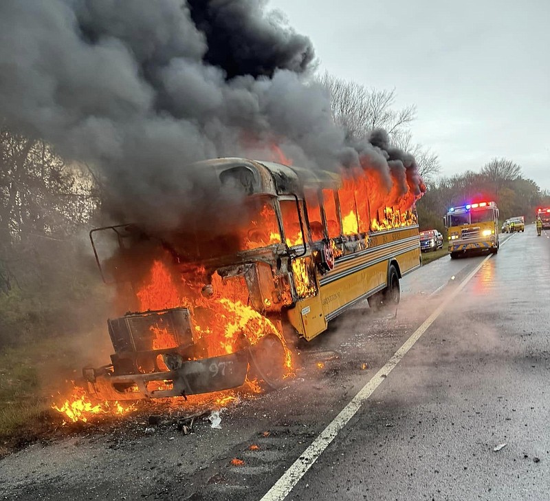 All 10 Ocean City Intermediate School students and the bus driver safely evacuate the bus before it turns into an inferno. (Photos courtesy of Facebook and the Marmora Fire Company)