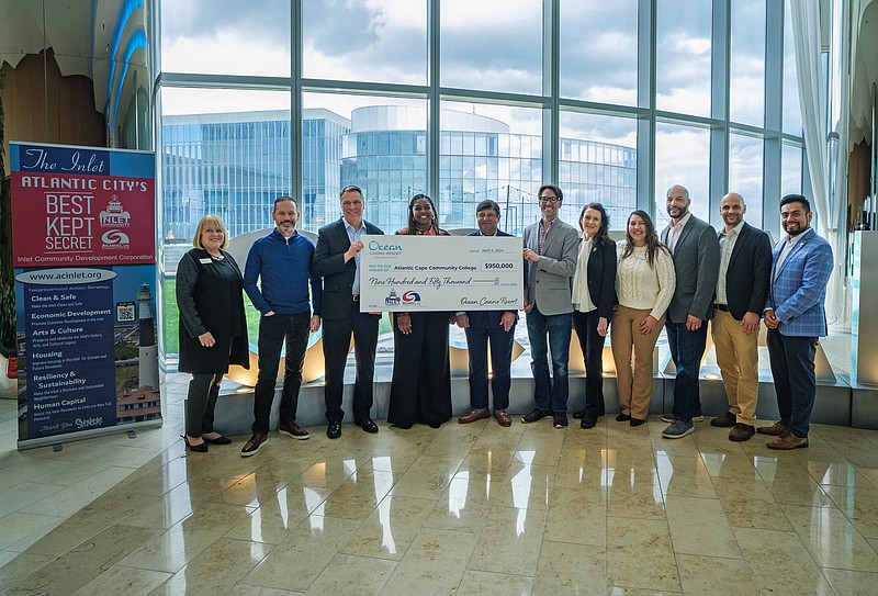 From left, - Jean McAlister, Chief of Staff, Atlantic Cape and Chief Advancement Officer, Atlantic Cape Foundation; Bill Callahan, General Manager, Ocean Casino Resort; Hugh Turner, CFO/SVP, Ocean Casino Resort; Dr. Natalie Devonish, VP, Student Affairs and Enrollment Management, Atlantic Cape; Jim Rutala, President, Atlantic Cape Foundation; Keith Groff, Chairman, Inlet CDC; Bernadette Twardy, Board Member, Inlet CDC; Lizbeth Castro-James, Director and Community Outreach, Worthington Atlantic City Campus; Walter Johson, Board Member, Inlet CDC; Michael Intrieri, Project Lead, Inlet CDC; and Victor Moreno, Senior Manager, Special Projects, Student Affairs and Enrollment Management, Atlantic Cape.