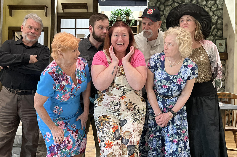 Cast of A Bad Year for Tomatoes, from left Kerry Burns, Chikita Wallace, Mike Schlapp, Kate Read, Rich McMahan, Victoria Biron, and Pamela Dollak.