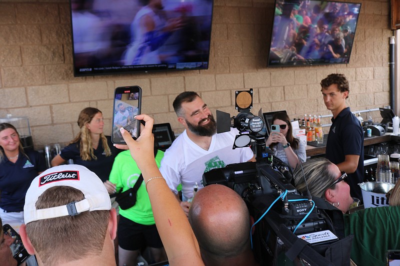 Jason Kelce poses for a selfie with his fans during his autism awareness fundraiser in 2023 at O'Donnell's Pour House in Sea Isle.