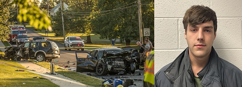 Left: an image of the crash scene. Right: Logan Dierkes, 20, of Hatfield. 