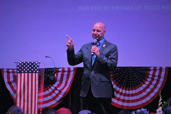 Candidate Doug Mastriano addressing his supporters in Warminster Township on Saturday afternoon. 