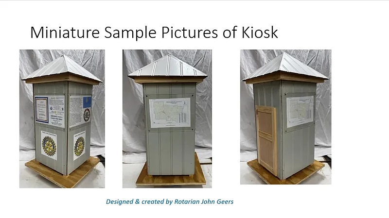 Image showing four sides of informational kiosk proposed by the Rotary Club of North Penn that could be installed in downtown Lansdale in 2024. 