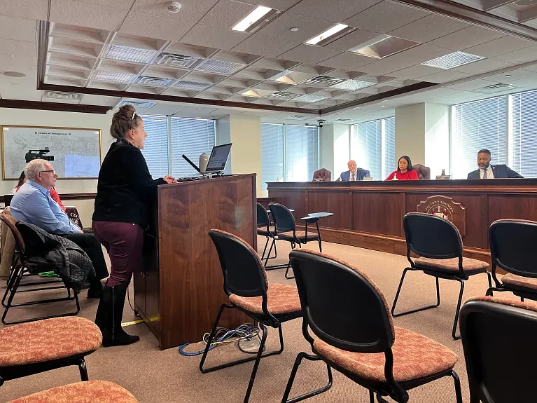 East Norriton Township resident Kim Henderson addresses members of the Montgomery County Board of Commissioners on Nov. 30, 2023 during a public heari