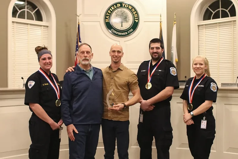 Hatfield resident Matt DeCesare (center) and members of the Volunteer Medical Service Corps of Lansdale, including (left to right) Stephanie Traub, Ri