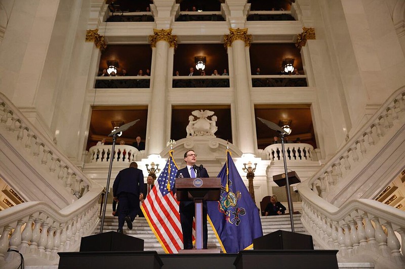 Gov. Josh Shapiro gives his 2024 budget address at the Capitol in Harrisburg Feb. 6, 2024. 