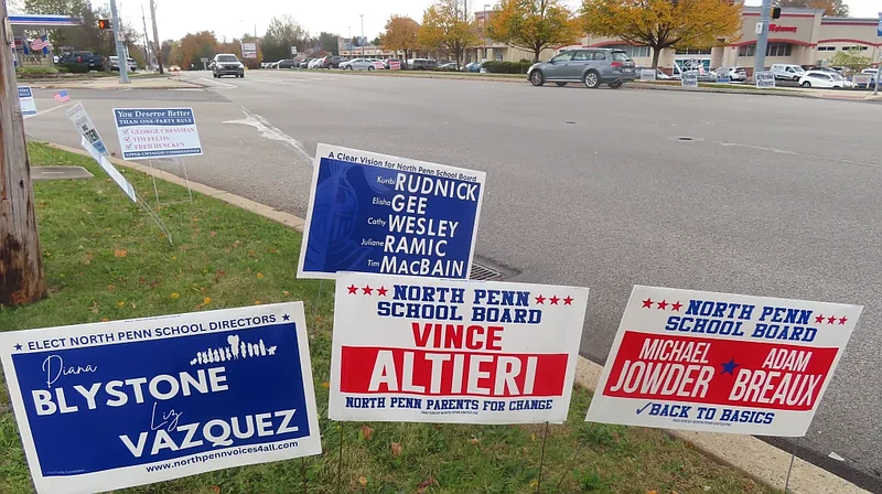 Campaign signs for North Penn school board candidates can be seen on Valley Forge Road in Towamencin on Wednesday, Nov. 1 2023. 