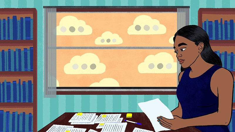 An illustration of a woman reviewing documents in a library with text bubble clouds outside the window. 