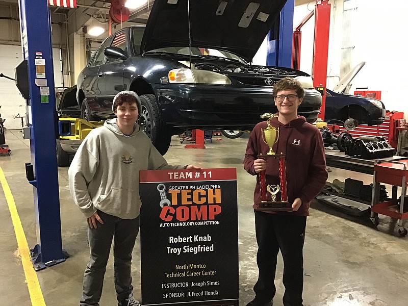 Seniors Robert Knab (right) and Troy Siegfried (left) placed second in the Greater Philadelphia Auto Technology Competition, winning several scholarsh