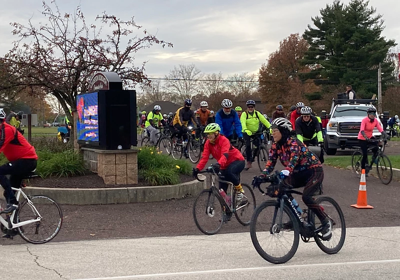 Cyclists depart the Souderton Community Park Saturday morning as the annual Cranksgiving food drive gets underway. 